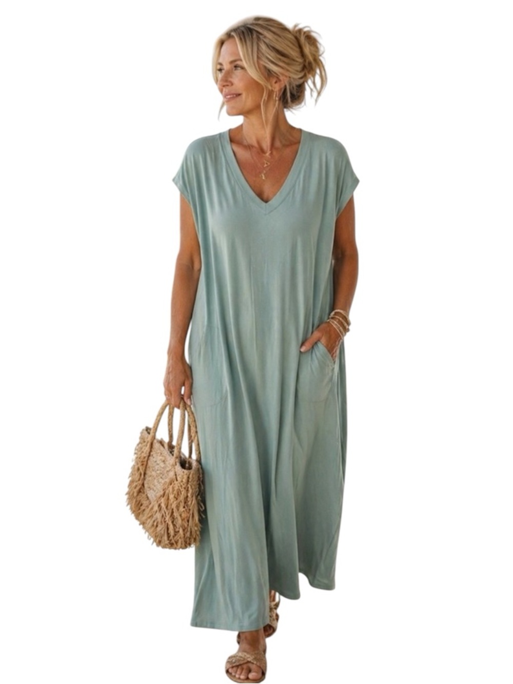 Yala Sloane V-Neck Cap Sleeve Bamboo Midi Dress with Pockets, Moss, Relaxed L/XL